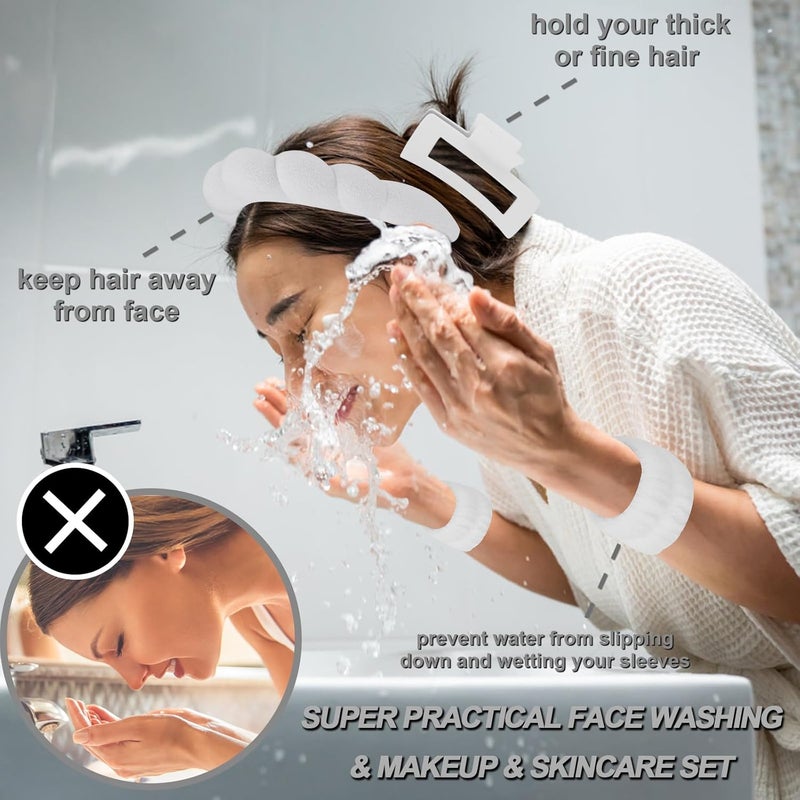 Canitor Spa Headband Wrist Bands with Hair Clips White Non Slip Puffy Terry Cloth Makeup Skincare for Washing Face Skin Care Preppy Teen Girl Gifts Women Cute Trendy Stuff Stocking Stuffer - Image 3